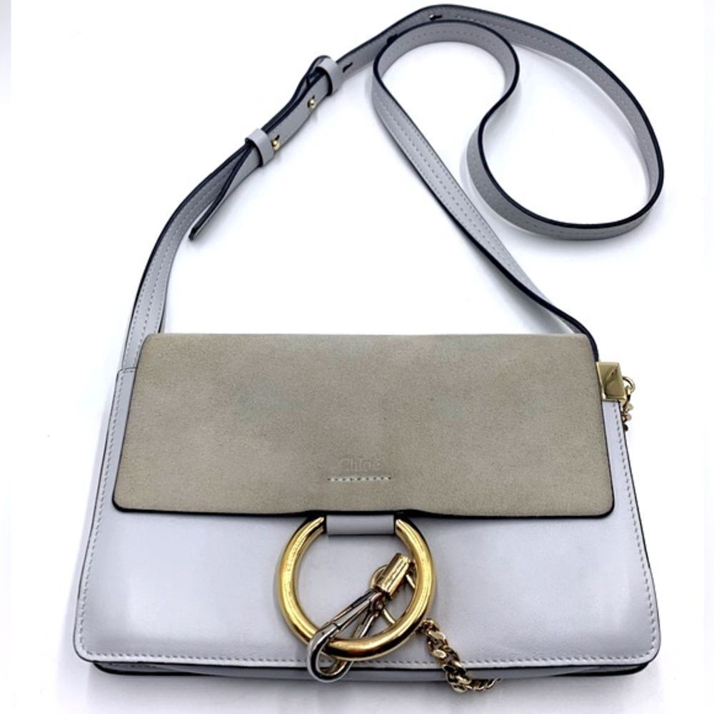 Auth CHLOE Small Faye Crossbody Bag Powder Blue Leather Putty Suede Very Good - Picture 2 of 16